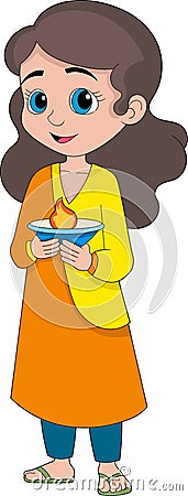 illustration of the Hindu religious Diwali tradition celebration, Indian child girl brings candlelight to worship the god Vector Illustration