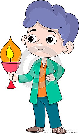 illustration of the Hindu religious Diwali tradition celebration, an Indian man walking with a candlelight for a quiet atmosphere Vector Illustration