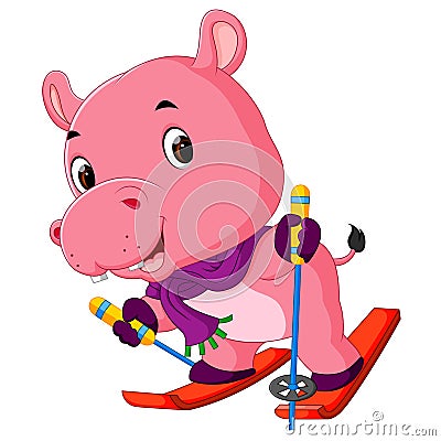 Hippo playing skiing Vector Illustration