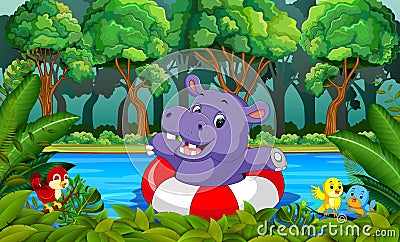 Hippo swimming in the river Vector Illustration