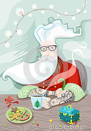illustration of a hipster santa with a cup of cafe Vector Illustration