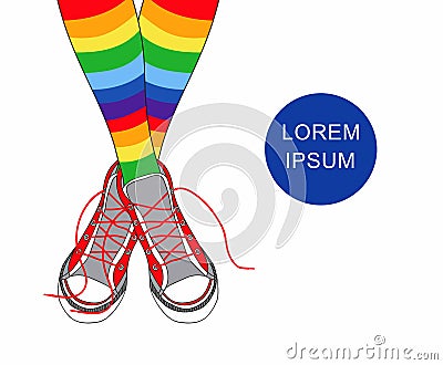 Illustration his feet in sneakers and multicolored striped stockings Vector Illustration