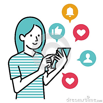 Illustration of holding a smartphone in hand and reacting to SNS Vector Illustration