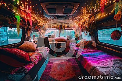 Illustration of a holiday decorated interior of a camper van Stock Photo