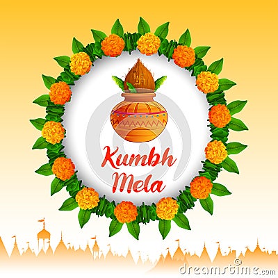 holy kalash of India for grand festival and Hindi text Kumbh Mela Vector Illustration
