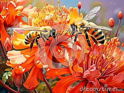 Honey bees in sunny garden Stock Photo