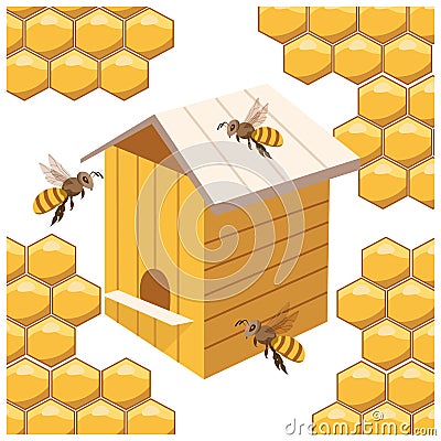 Illustration, honey and beekeeping. Wooden beehive and bees on the background of honeycombs. Golden brown colors. Vector Illustration