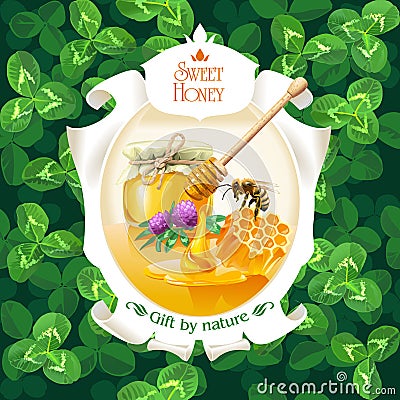 illustration of honey in frame on background clover Cartoon Illustration