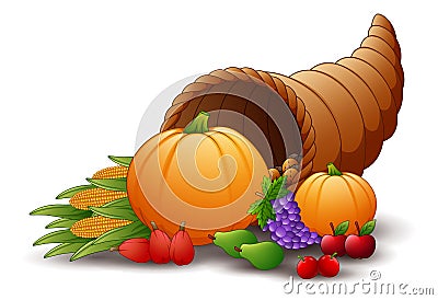 Horn of plenty cornucopia with fruits and pumpkins Vector Illustration