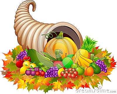 Horn of plenty cornucopia with vegetables and fruits Vector Illustration