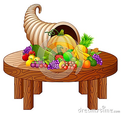 Horn of plenty with vegetables and fruits on round wooden table Vector Illustration
