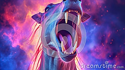 Horse head with open mouth and tongue out in pink and blue smoke Cartoon Illustration