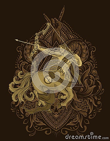 Illustration horsesman sagittarius with vintage engraving ornament Vector Illustration