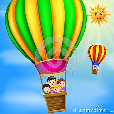 Hot air balloons flying with happy kids at daytime Vector Illustration