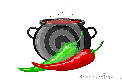 Hot mexican peppers. Green and red peppers on the background of a cauldron with hot simmering Mexican dish. Vector Vector Illustration