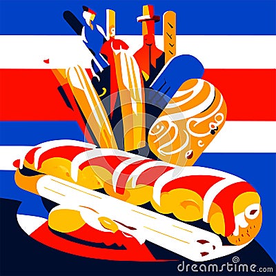 Illustration of a hot dog on a background of the flag of Costa Rica Generative AI Vector Illustration