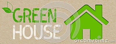 Illustration with house icon and green house on recycled brown paper background Stock Photo
