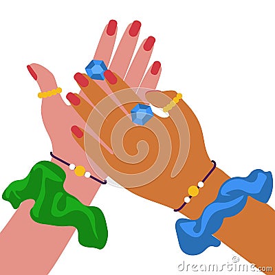 Illustration of how two friends with the same jewelry are supported by putting their palm on the other. Girls express Vector Illustration