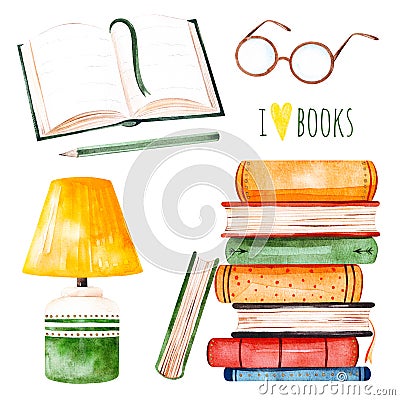 Illustration with a huge pile of books,lamp,open book,pencil and glasses Stock Photo