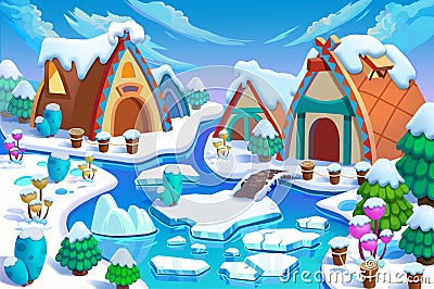 Illustration: The Human Being's Cottages in the Snow Land in the Great Ice Age! Cabin, Fence, Plant, Ice River. Stock Photo