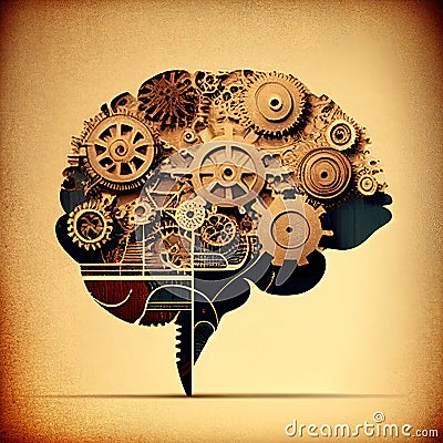 Collage illustration of the brain represented as mechanical cogs Cartoon Illustration