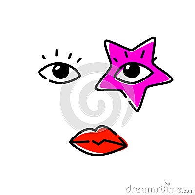 Illustration of human eyes. Vector. The look is directed to the viewer. An image of a pop star. Red star as a make-up on the face Vector Illustration
