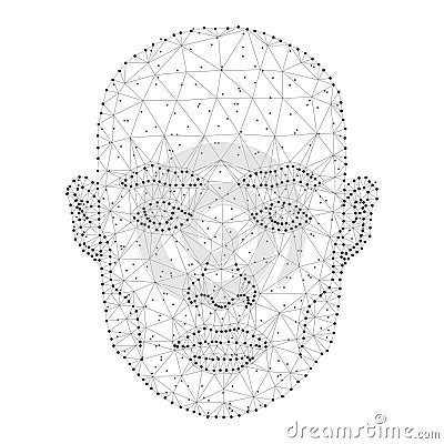 Human face, polygon, dots, black-white Vector Illustration