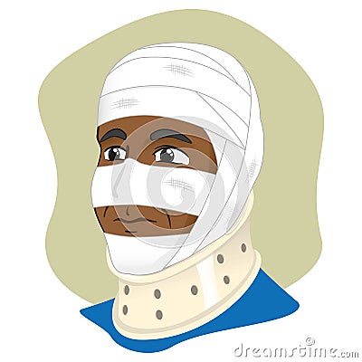 Illustration of a human head with bandages using cervical collar to immobilize the neck, afro descendant Vector Illustration