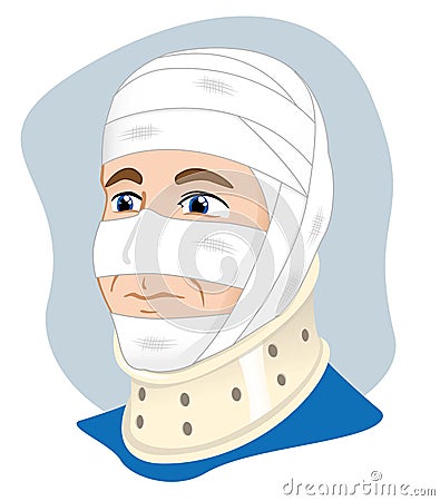 Illustration of a human head with bandages using cervical collar to immobilize the neck caucasian Vector Illustration