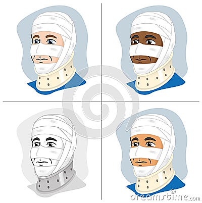 Illustration of a human head with bandages using cervical collar to immobilize the neck, ethnic Vector Illustration