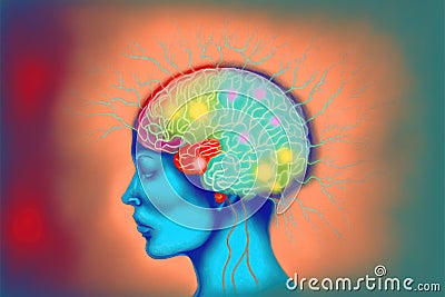 Illustration of a human head and brain. Thinking concept. Neurological connections. Generative AI Stock Photo