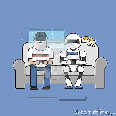 Illustration of human and robot virtual reality gaming Stock Photo