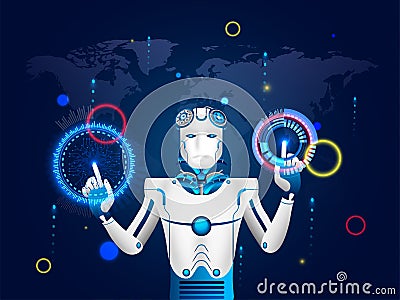 Illustration of humanoid robot working with virtual HUD interface screen for Artificial Intelligence (AI) era or virtual reality Stock Photo