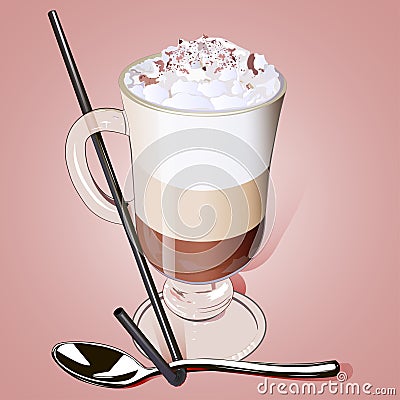 Illustration iced coffee in a glass with a straw and a spoon on Vector Illustration