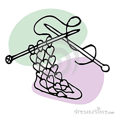Illustration, icon, hand-drawn knitted sock and knitting needles on abstract spots, for knitting. Vector Illustration