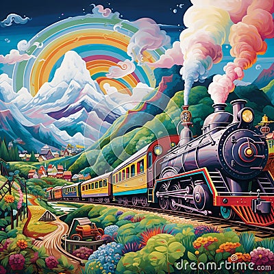Illustration of Iconic Train Journeys in Mural Style Cartoon Illustration