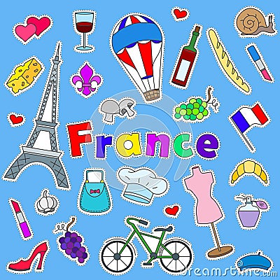 Illustration with Icons set of patches on the subject of travel to the country of France on a blue background Vector Illustration