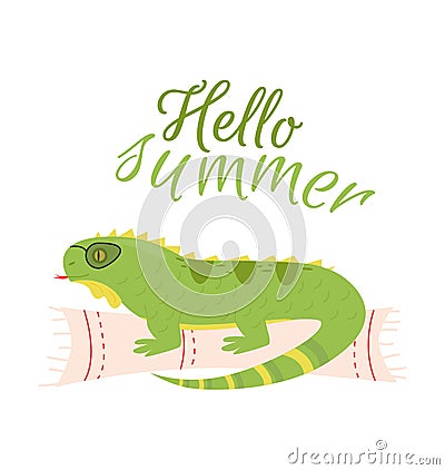 Illustration with iguana lizard with glasses on the rug and the inscription hello summer. Hello summer print with iguana reptile Stock Photo