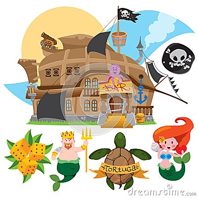 Illustration with the image of a bar in the form of a pirate ship. Set of labels for design items with a pirate theme. Cartoon ill Cartoon Illustration