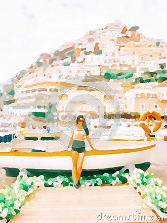 Illustration image of blurry painting of Positano on Summer with brunette bikini girl standing near white boat on beach Stock Photo