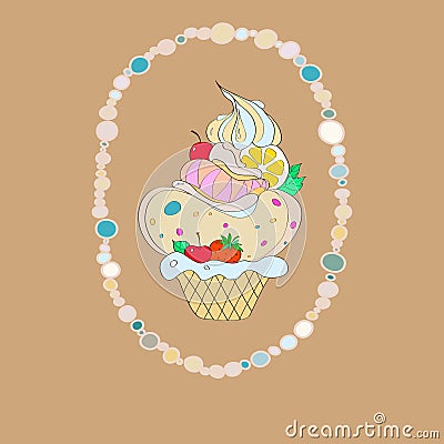 Illustration with the image of a cake in an oval frame on beige background. Vector Vector Illustration