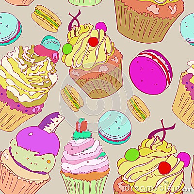 Illustration with the image of cakes. Bright multi-colored pattern on a gray background. Vector Stock Photo