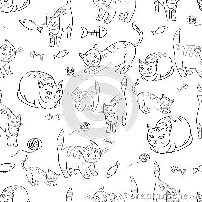 Illustration with the image of cats, fish and tangles thread. black white pattern. Vector Vector Illustration