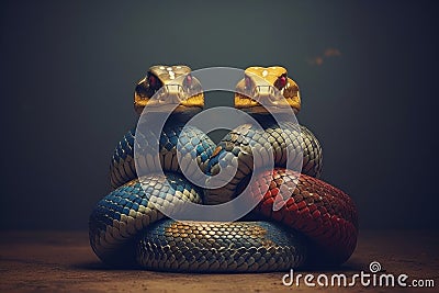 Illustration of an image of two multi-colored snakes on a dark background Stock Photo