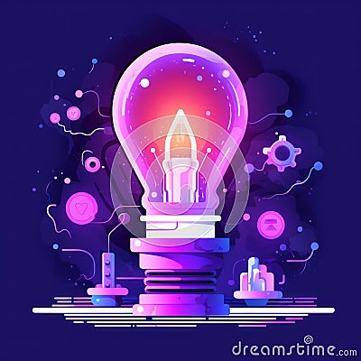 illustration of implementing an innovation violet and yellow with light bulb idea on,generated with AI. Cartoon Illustration
