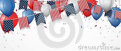 Independence day bunting flags with american confetti and ribbon Vector Illustration