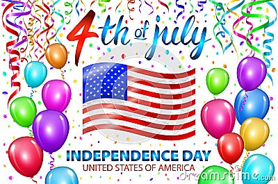 Illustration of Independence Day Vector Poster. 4th of July Lettering. American Red Flag on Blue Background with Stars and Confett Vector Illustration