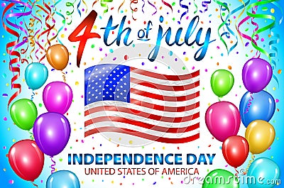 Illustration of Independence Day Vector Poster. 4th of July Lettering. American Red Flag on Blue Background with Stars and Confett Vector Illustration
