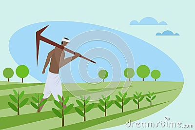 Indian farmer with a traditional plough Vector Illustration