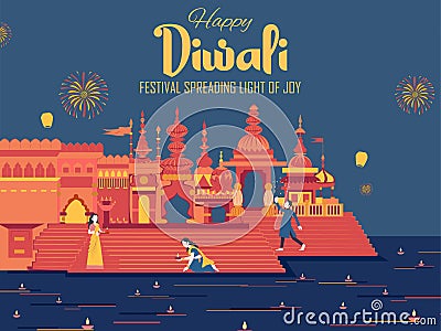 Happy Diwali Hindu Holiday background for light festival of India Vector Illustration